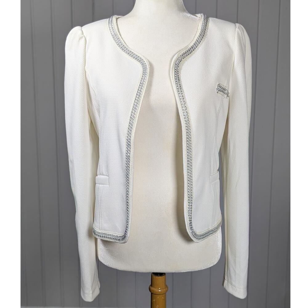 Max Mara White Open Front Stretch Blazer Jacket Silver Chain Details - READ